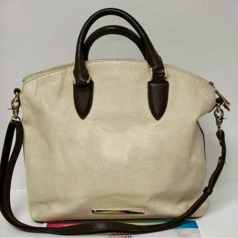 * Brahmin Luxury Designer Floral Embossed Leather Cream White Brown Excellent *